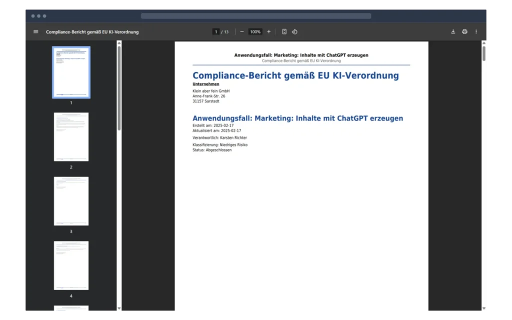 Der Compliance-Bericht dokumentiert den jeweils aktuellen Stand Ihrer KI-Anwendungsfälle.