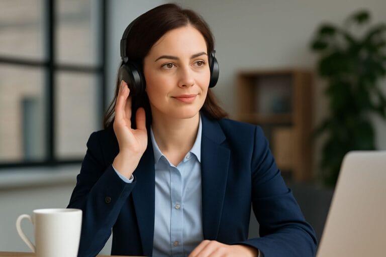 Business woman listening to a podcast