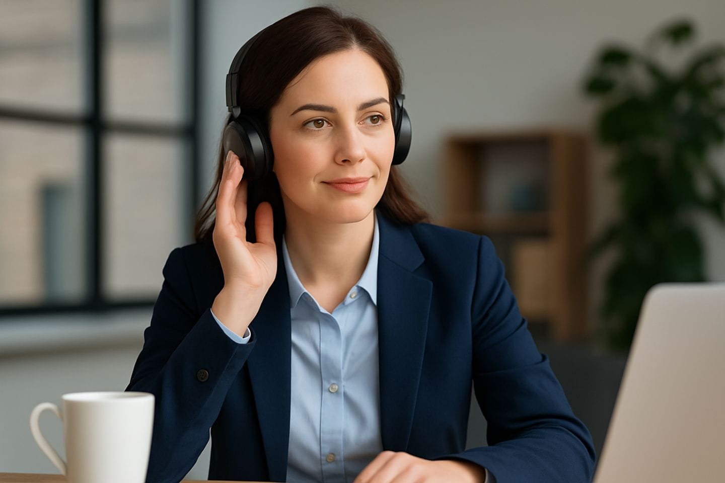Business woman listening to a podcast