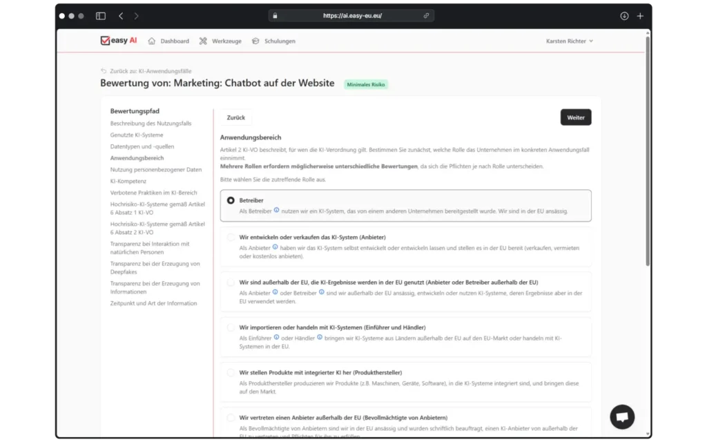 In easy AI bewerten Sie Ihre KI-Anwendungsfälle entlang der Vorgaben der Europäischen KI-Verordnung.