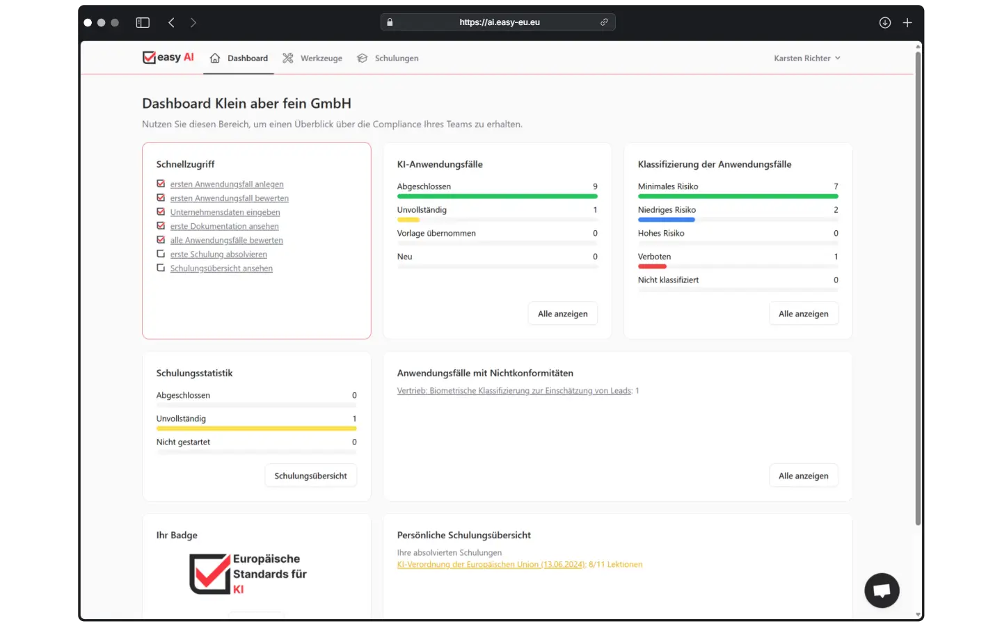 Das Dashboard von easy AI gibt einen schnellen Überblick über die KI-Dokumentation.