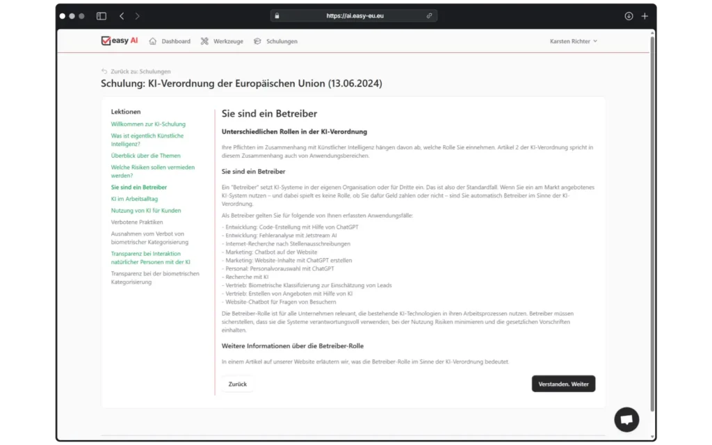 Mit easy AI können alle Mitarbeiter maßgeschneidert für Ihre konkreten KI-Anwendungsfälle schulen und damit eine wichtige die Anforderung der Europäischen KI-Verordnung erfüllen.