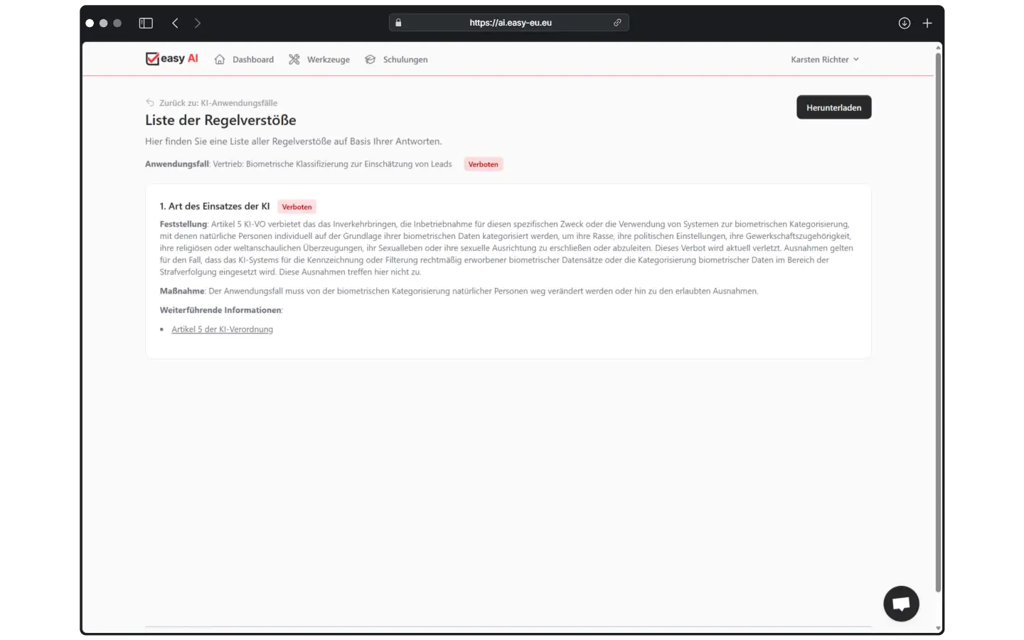 Mit easy AI haben Sie jederzeit einen Überblick über alle Regelverstöße, damit sie diese schnell behandeln können. So haben Sie einen sicheren Prozess für alle Ihre KI-Anwendungsfälle.