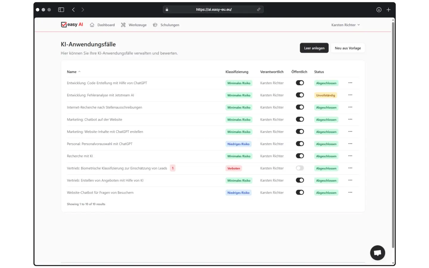 Mit easy AI haben Sie jederzeit einen Überblick über alle Ihre Anwendungsfälle, den Bearbeitungsstand und die Risikoklassifizierung entsprechend der Europäischen KI-Verordnung.