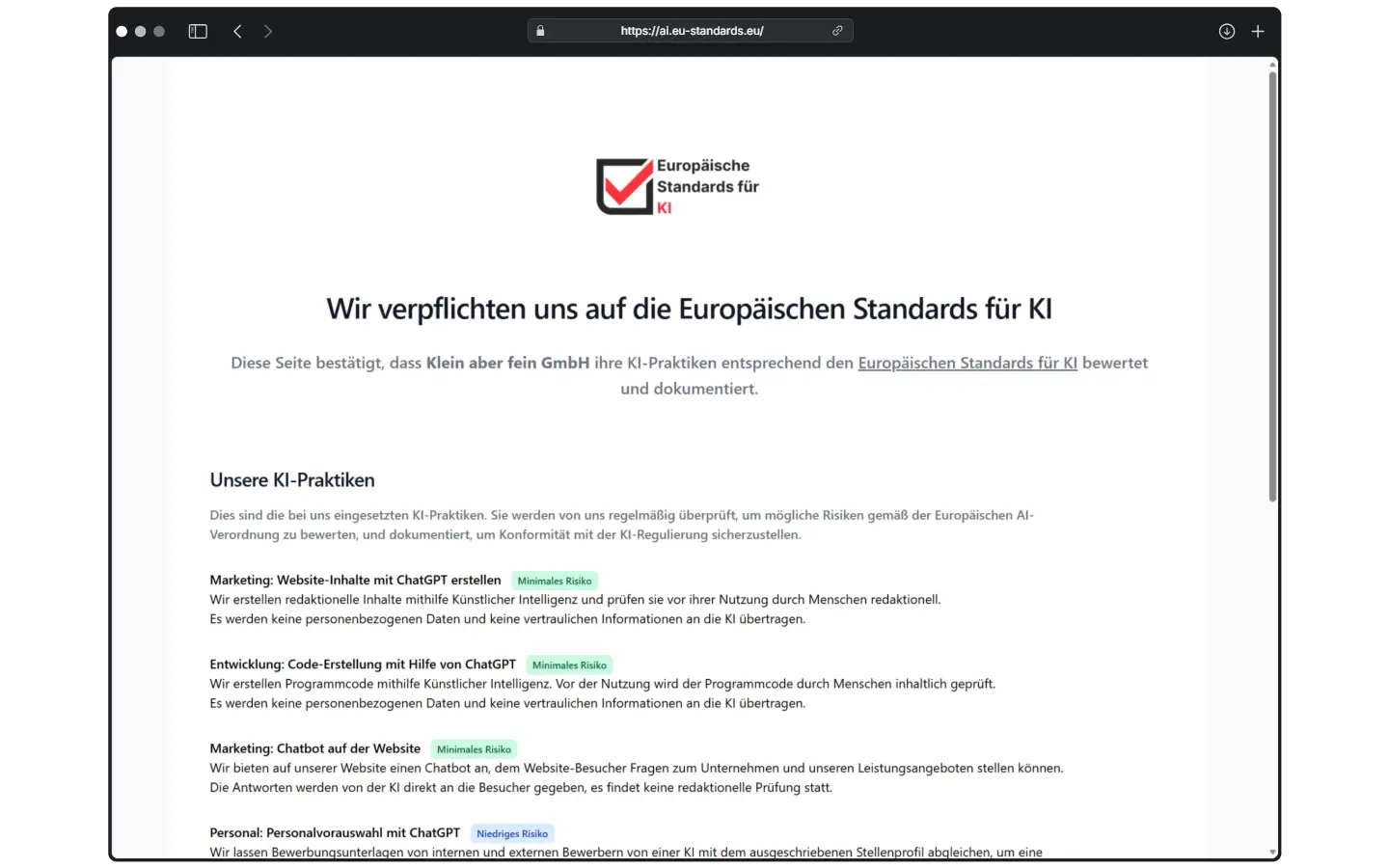 Wenn Sie Kunden und Partnern zeigen wollen, dass Sie KI verantwortungsvoll und gemäß der Europäischen KI-Verordnung einsetzen, können Sie einen Überblick über Ihre KI-Prozesse mit easy AI ganz einfach veröffentlichen.