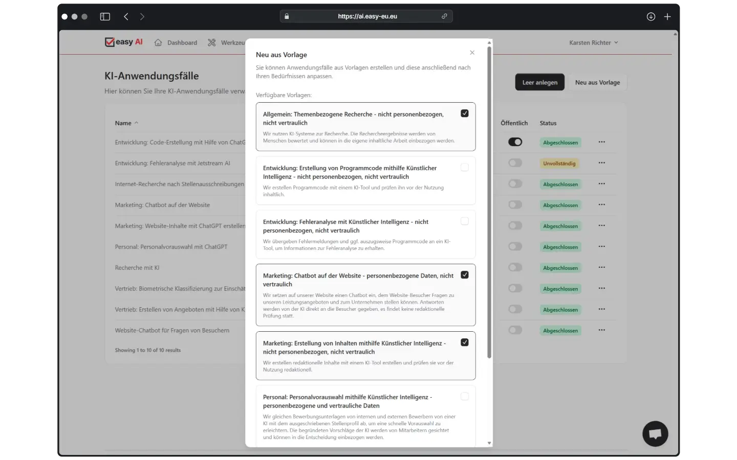 Mit Vorlagen können Sie Ihre Anwendungsfälle noch einfacher bewerten. Unsere Textvorschläge können Sie bei Bedarf anpassen und so sehr schnell Ihre Bewertungen vornehmen.